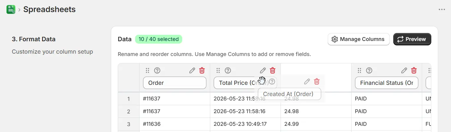 Dragging a column header to reorder it