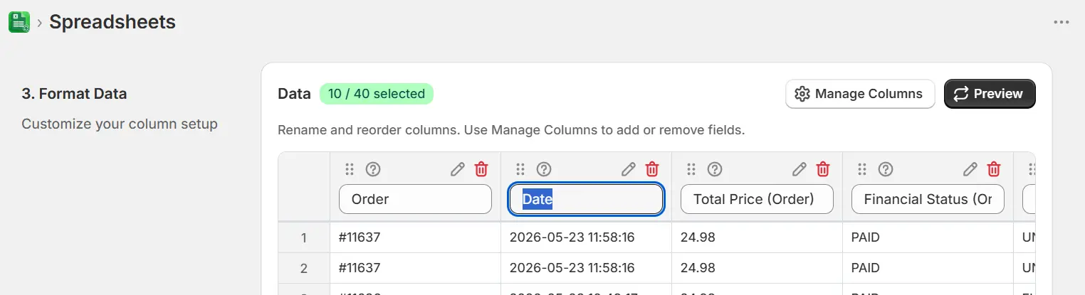 Renaming a column header inline