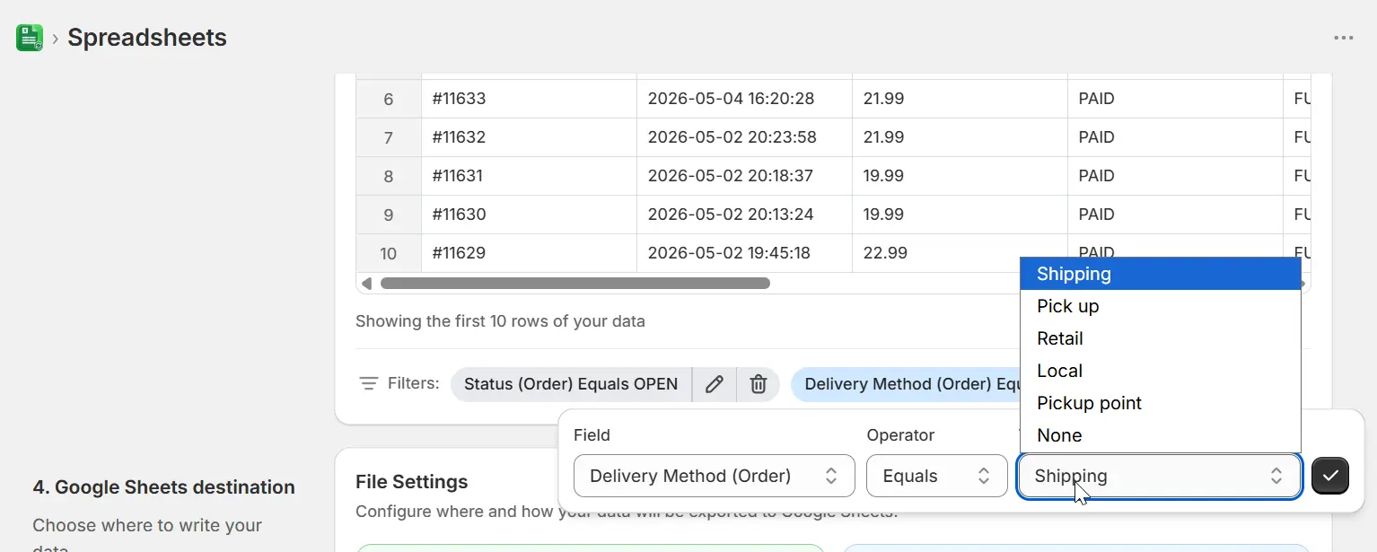 Filter panel showing Status and Delivery Method filters applied