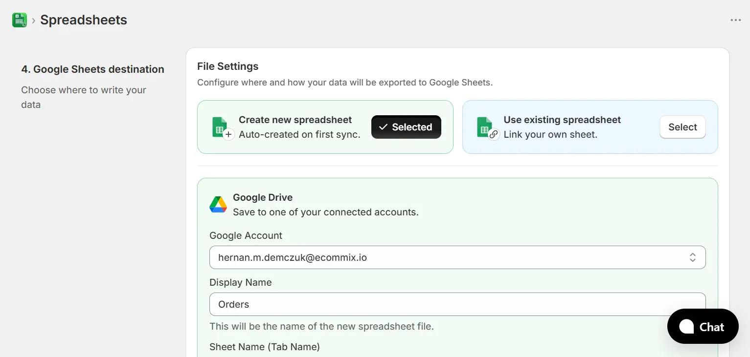Google Sheets destination step with Create new spreadsheet selected