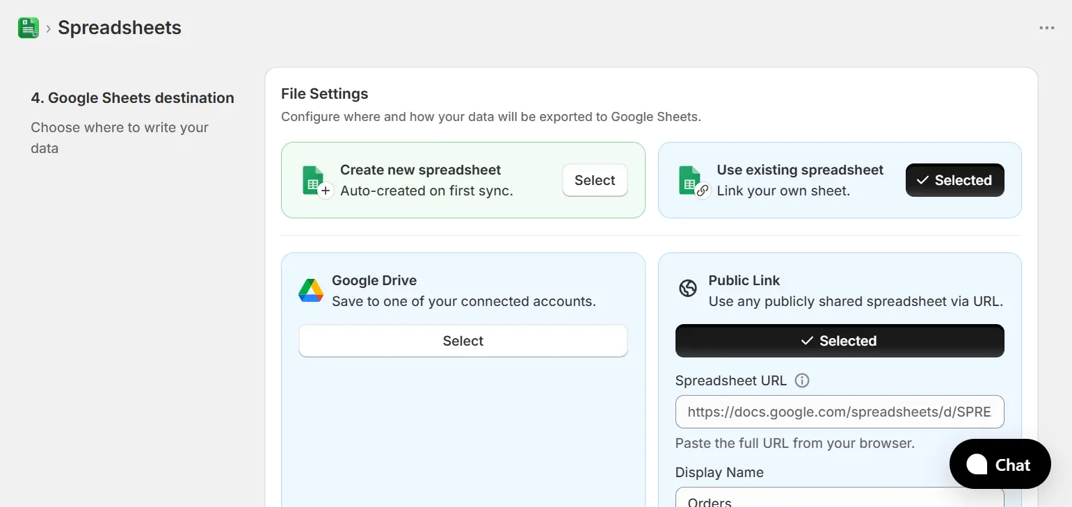Google Sheets destination with Use existing spreadsheet and Public Link selected