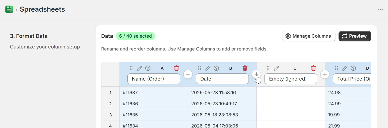 Format Data step showing an Empty Ignored column added between exported fields