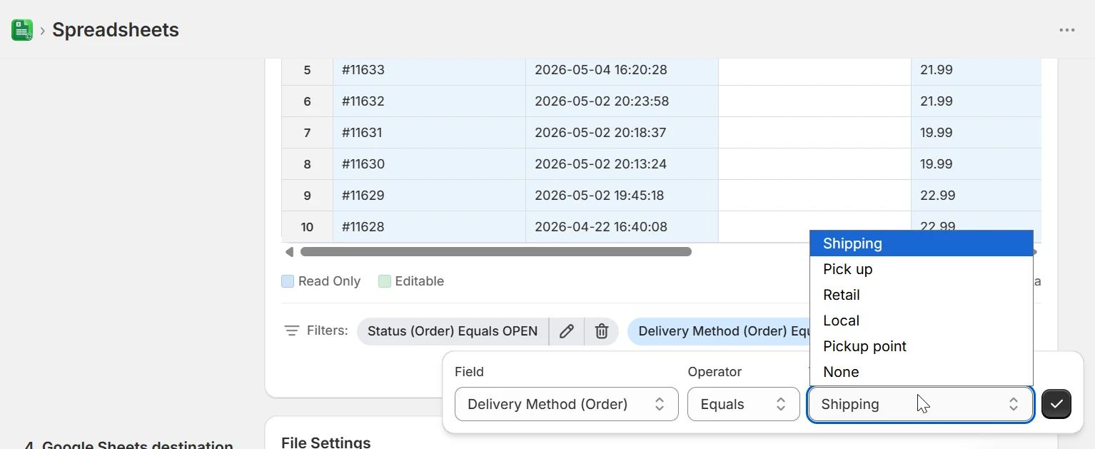 Filter panel showing Status and Delivery Method filters applied