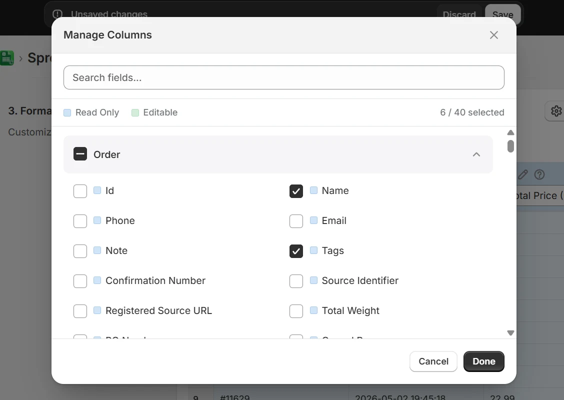 Manage Columns modal showing field checkboxes grouped by Order