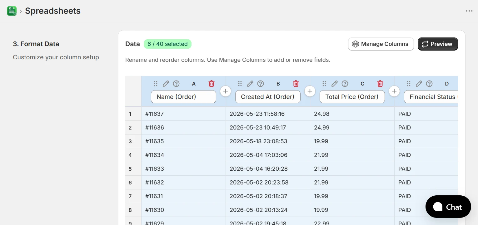 Format Data step showing column preview with live data