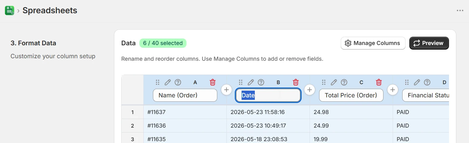 Renaming a column header inline