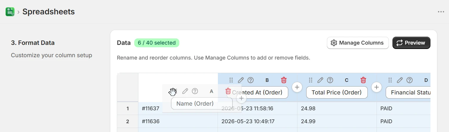 Dragging a column header to reorder it