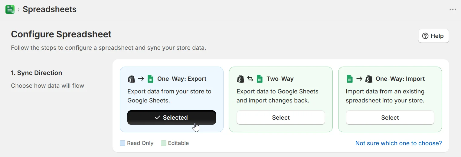 Sync direction step showing One-Way: Export selected