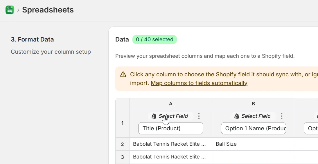 Format Data column headers with the Select Field control being clicked on column A, whose header reads Title (Product)