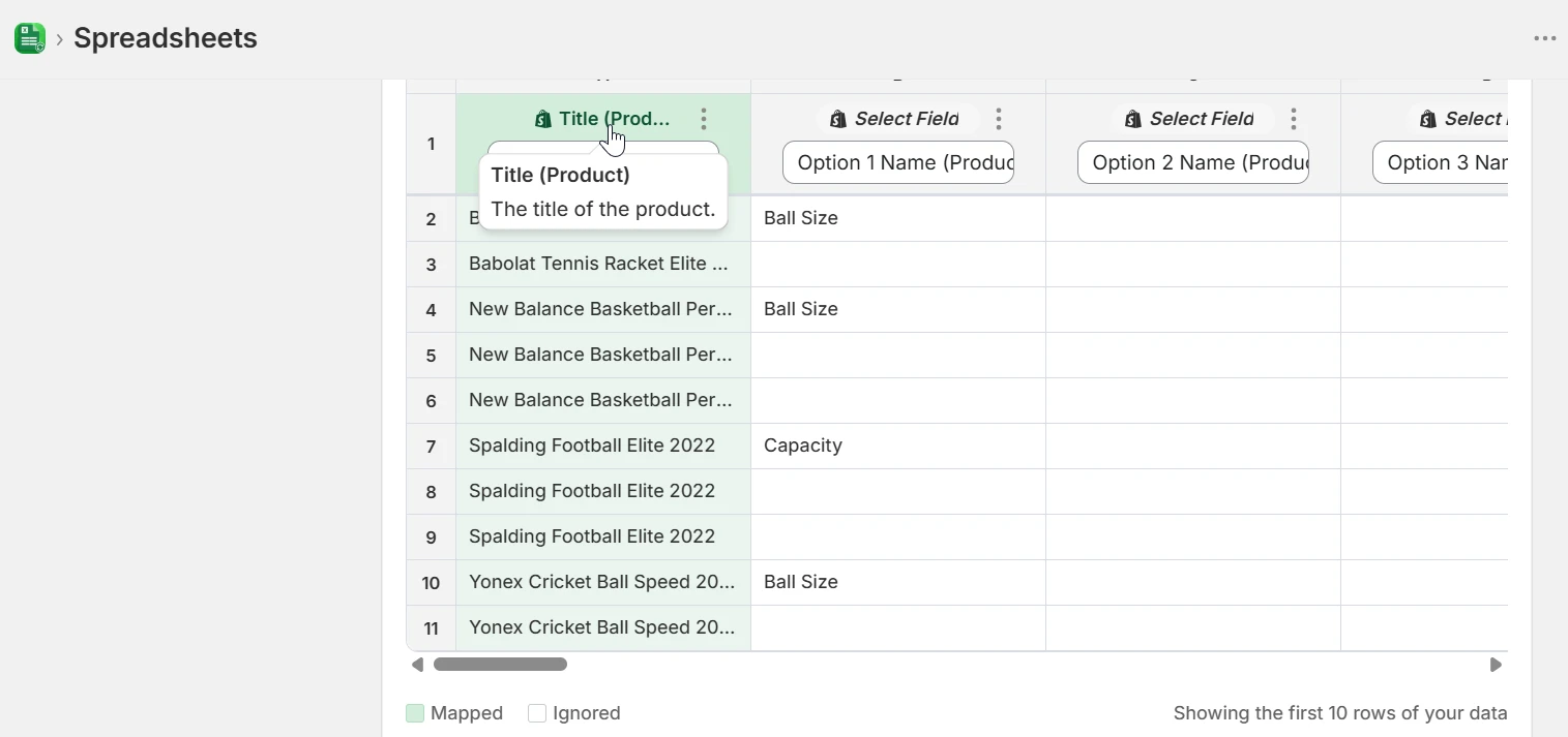 Format Data step previewing spreadsheet columns with ten rows of product data and a mapped Title (Product) column