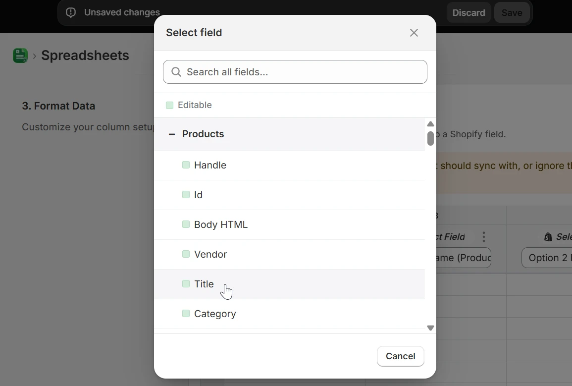 Select field modal listing Shopify product fields grouped under Products with a search box