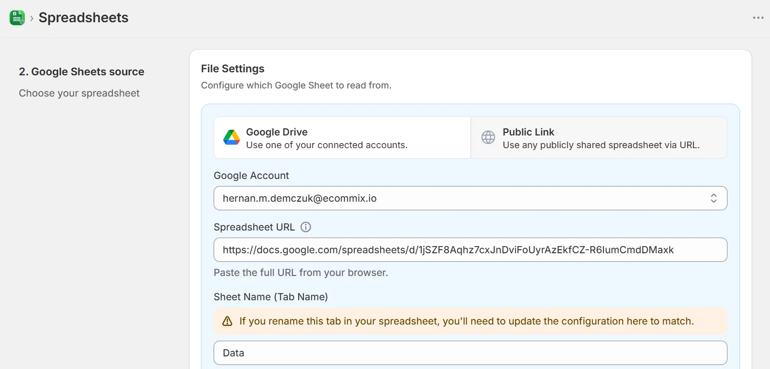 Google Sheets source step with a Google Drive account, spreadsheet URL and the Data tab name filled in
