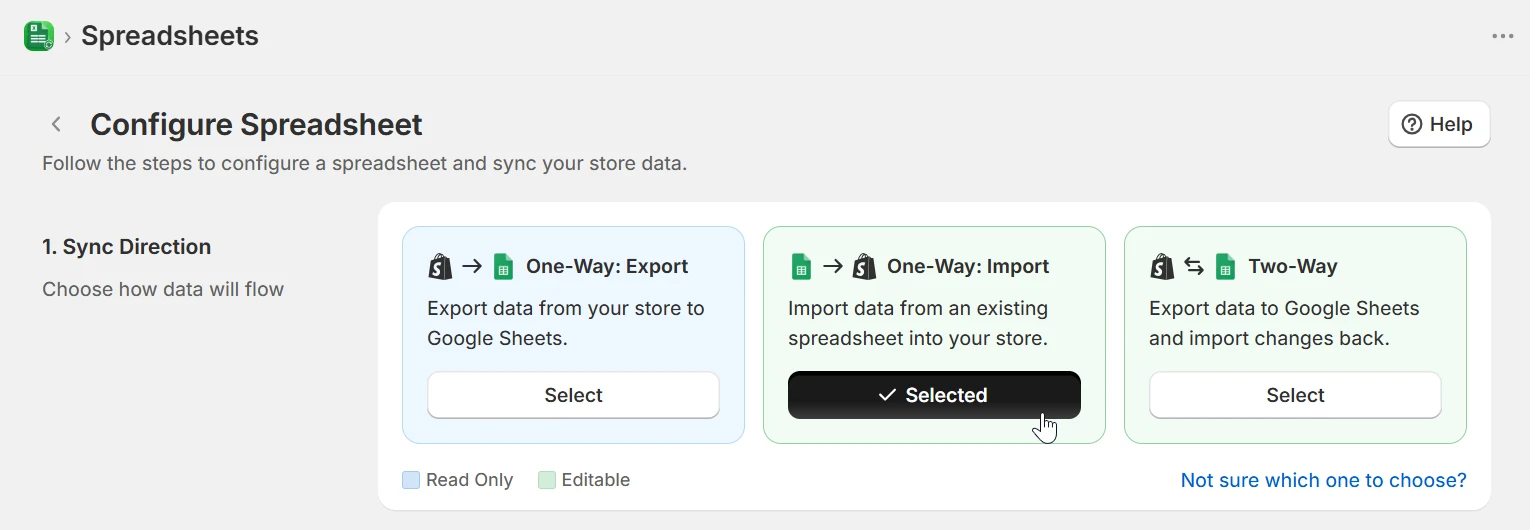 Sync Direction step with One-Way: Import selected among Export, Import and Two-Way