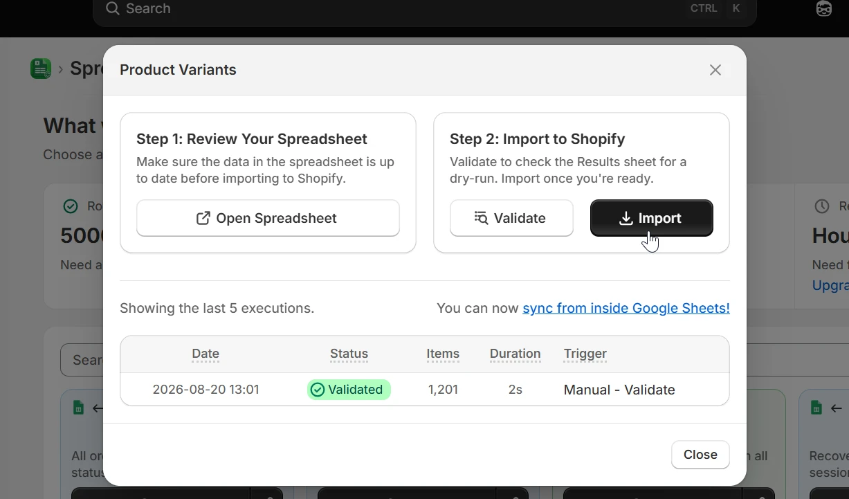 Sync modal with the Import button being clicked after a successful validation