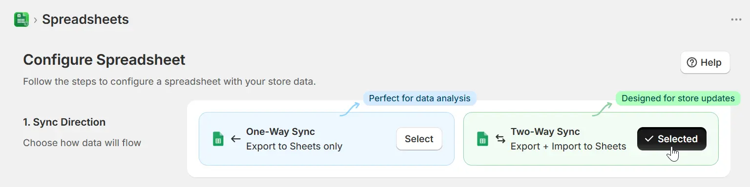 Sync direction step showing Two-Way Sync selected