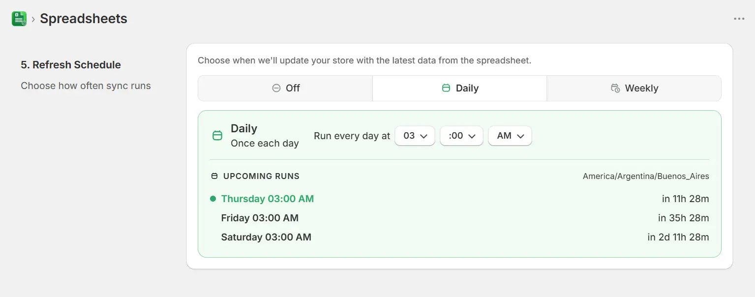 Refresh Schedule step showing Daily selected with upcoming run times