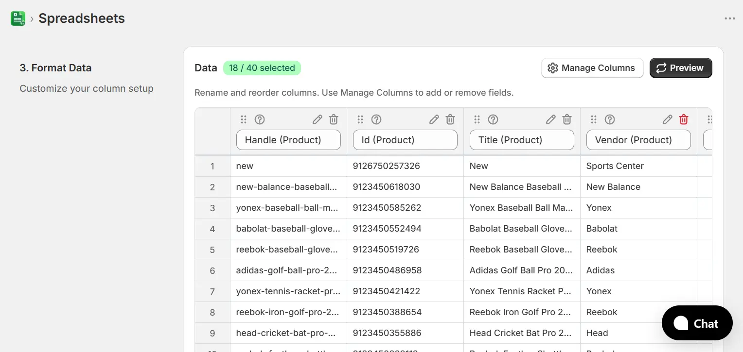 Format Data step showing column preview with live product data