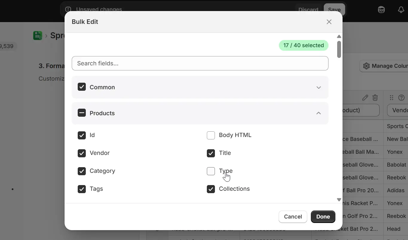 Bulk Edit modal showing field checkboxes grouped by Products