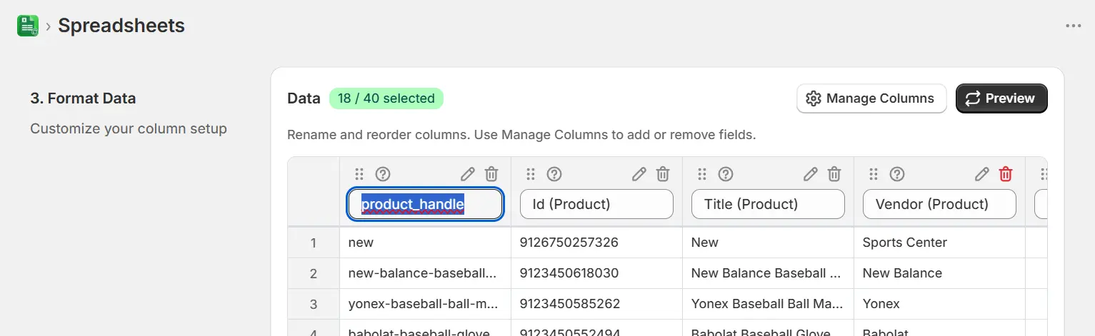 Renaming a column header inline