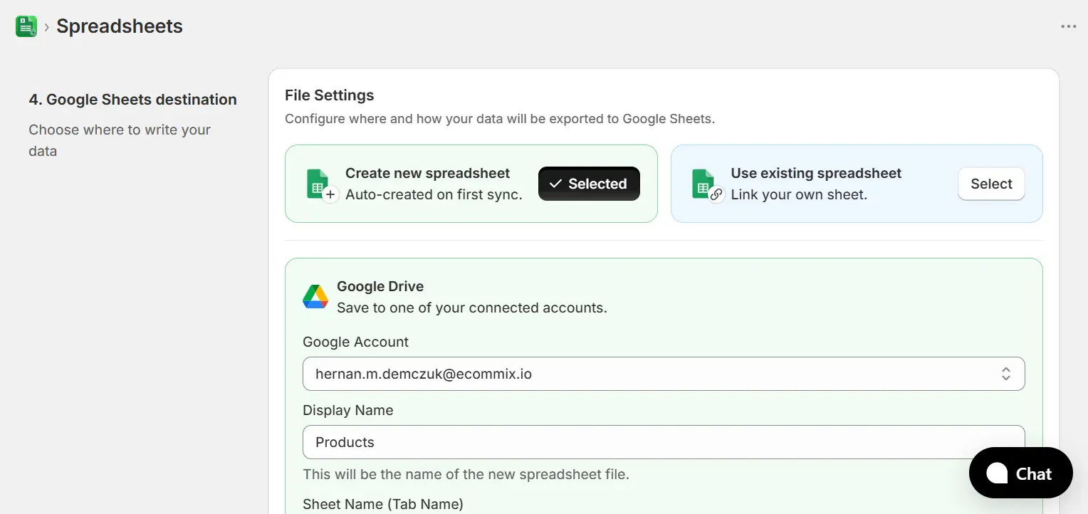 Google Sheets destination step with Create new spreadsheet selected