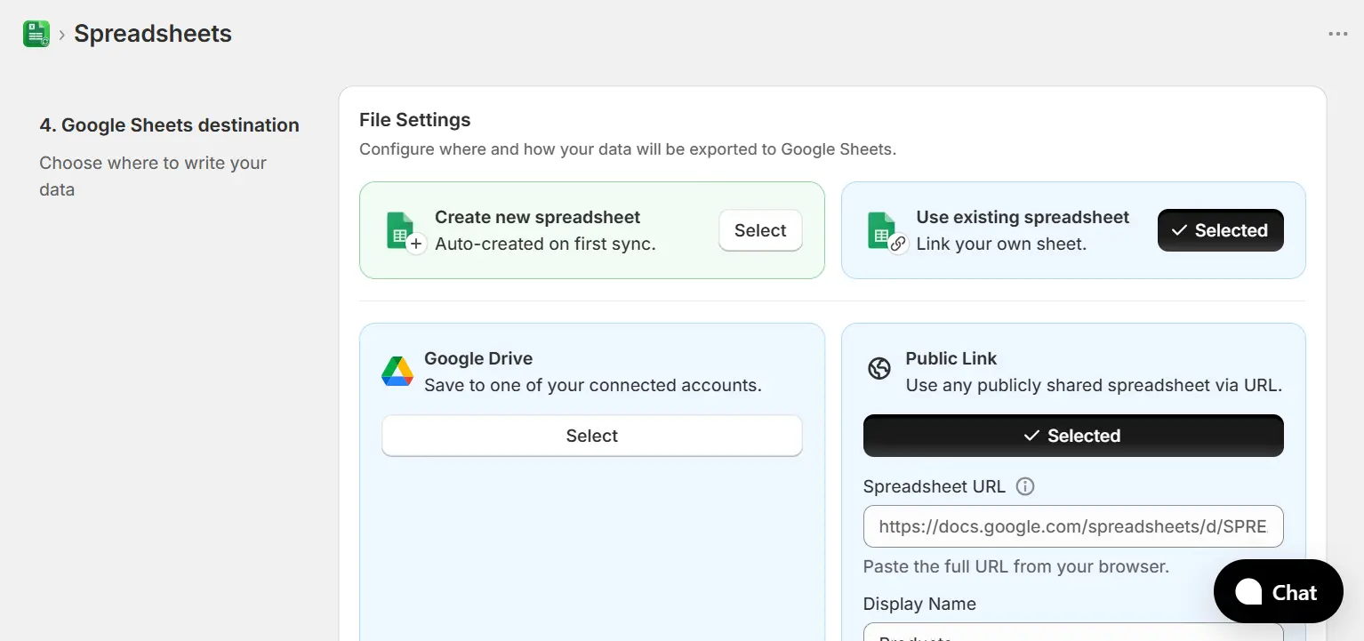 Google Sheets destination with Use existing spreadsheet and Public Link selected