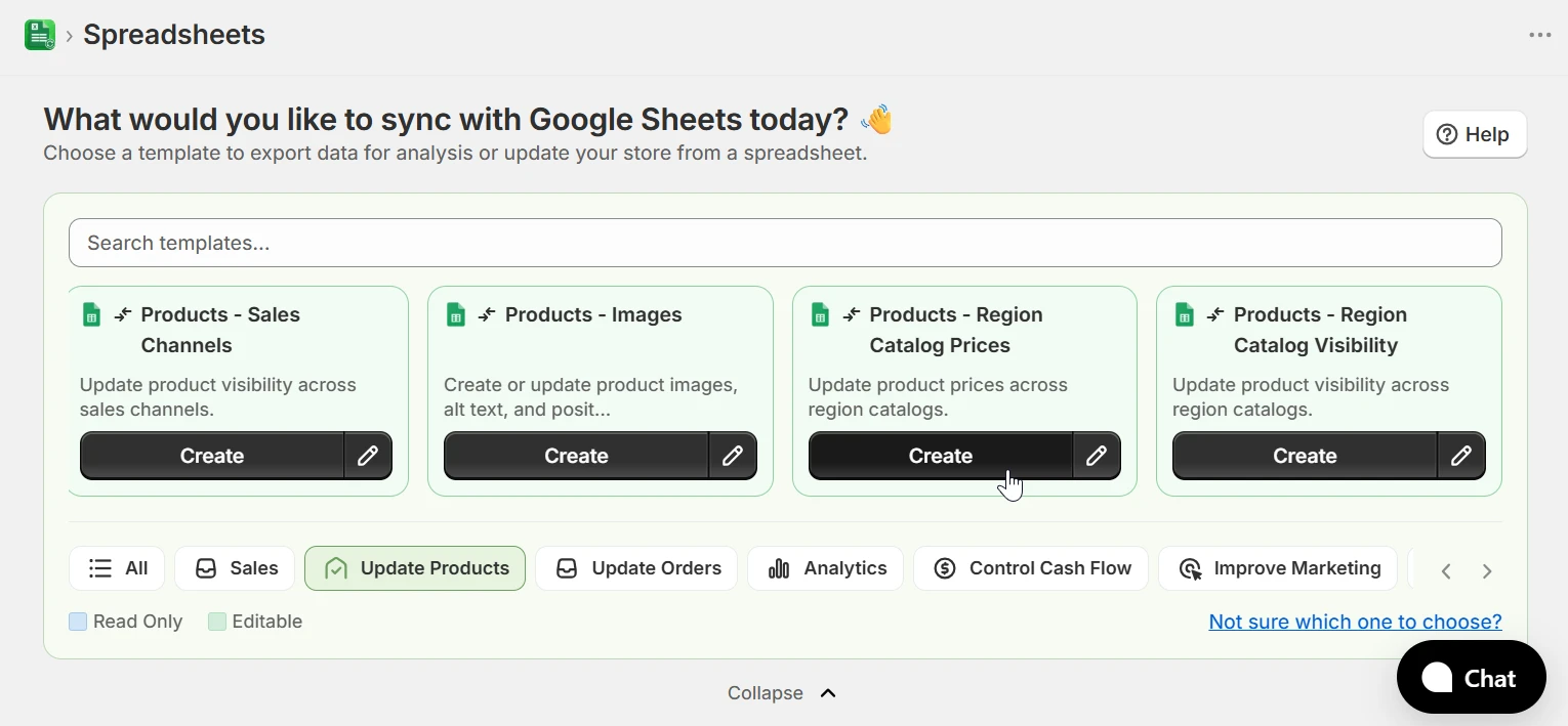 Home page showing Products - Region Catalog Prices template with Update Products category selected