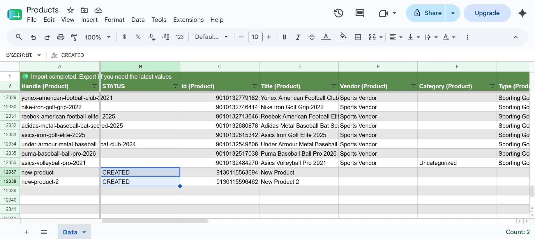 Google Sheet showing the new product rows with Handle and Title filled in