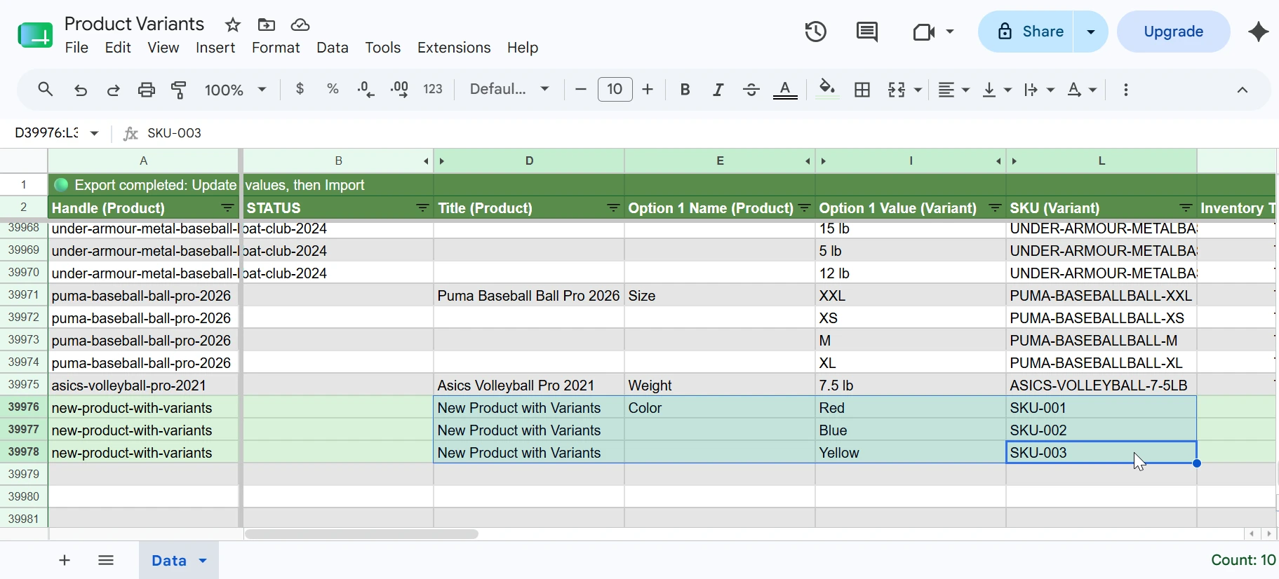 Google Sheet showing a product with multiple variant rows; new-product-with-variants with Color options Red, Blue, Yellow