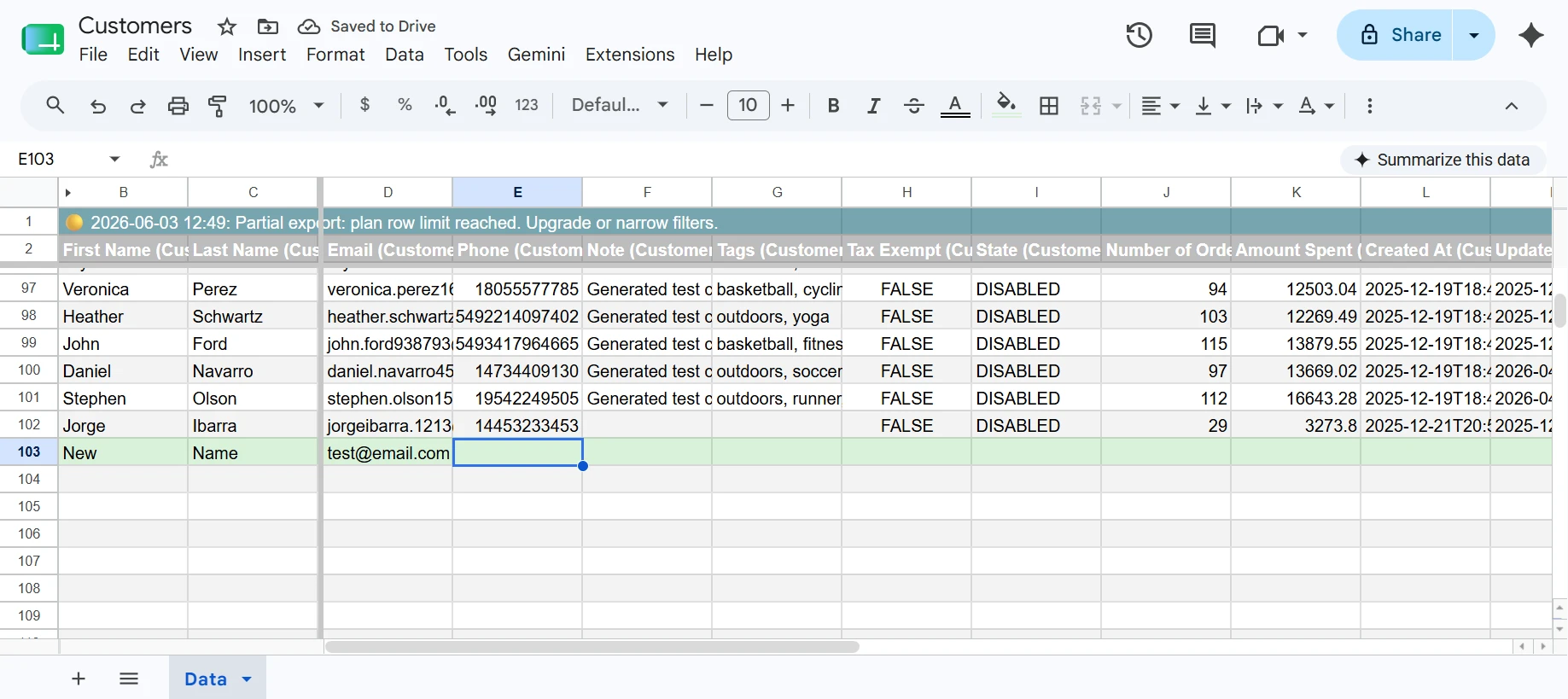 Google Sheet showing a new customer row added at the bottom with Id (Customer) empty and email filled in