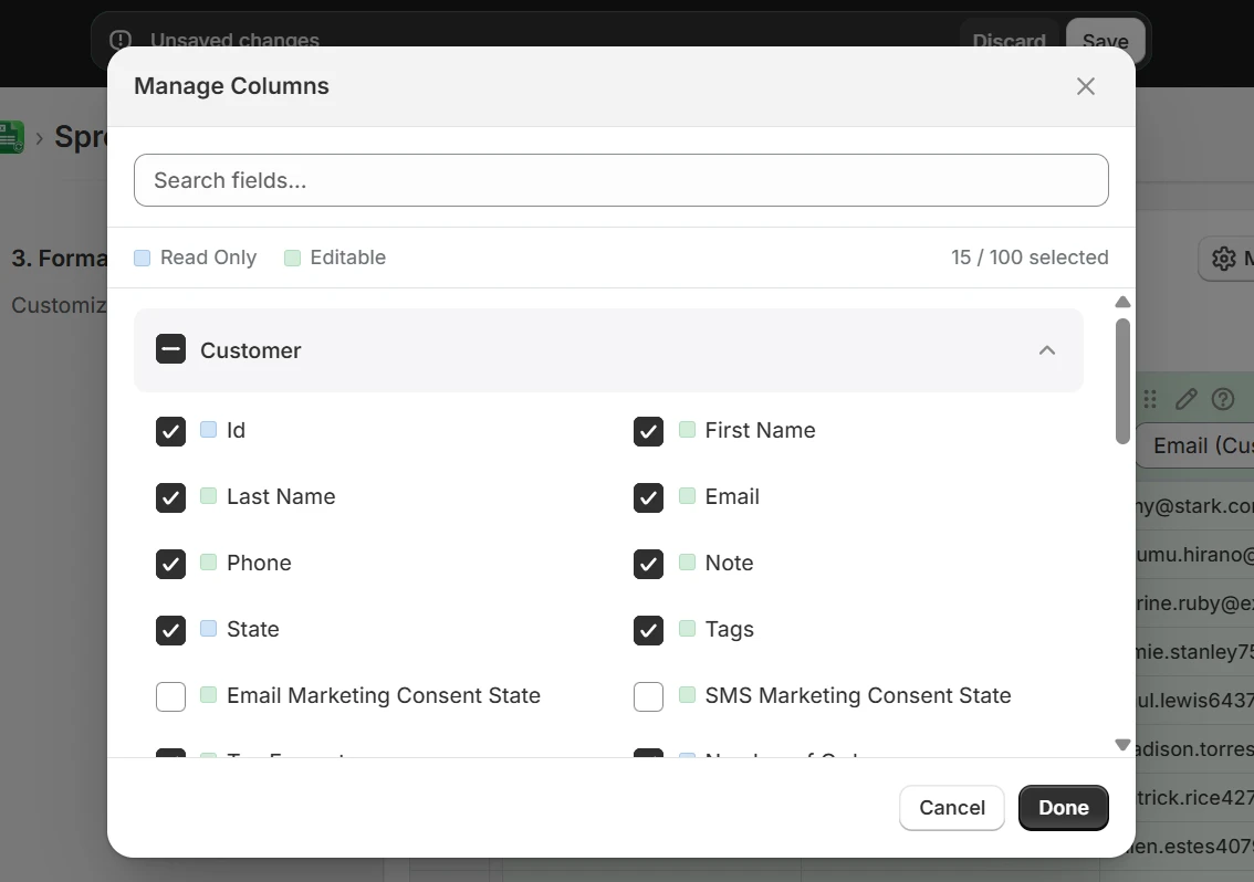 Manage Columns modal showing Customer fields with Id, First Name, Last Name, Email, Phone, Note, State and Tags checked