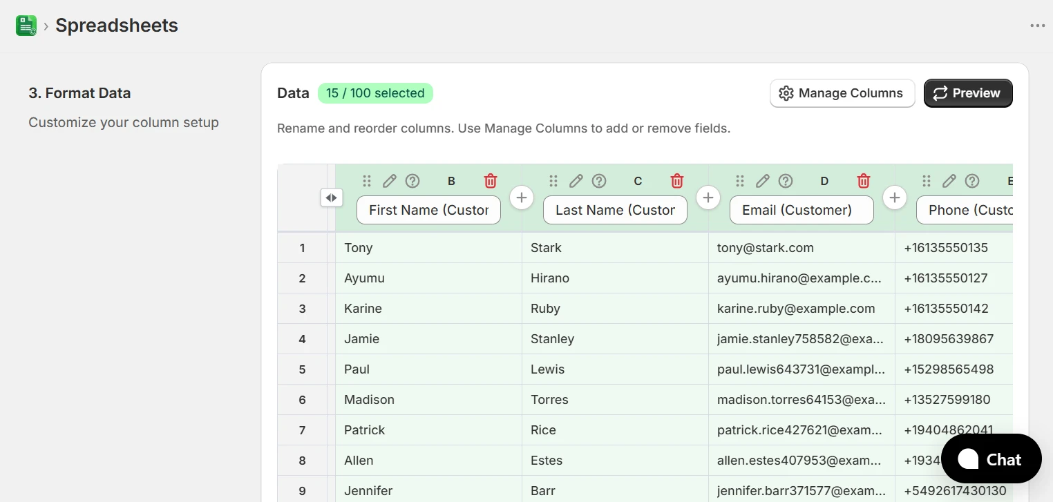 Format Data step showing a live preview of customer rows with First Name, Last Name, Email and Phone columns