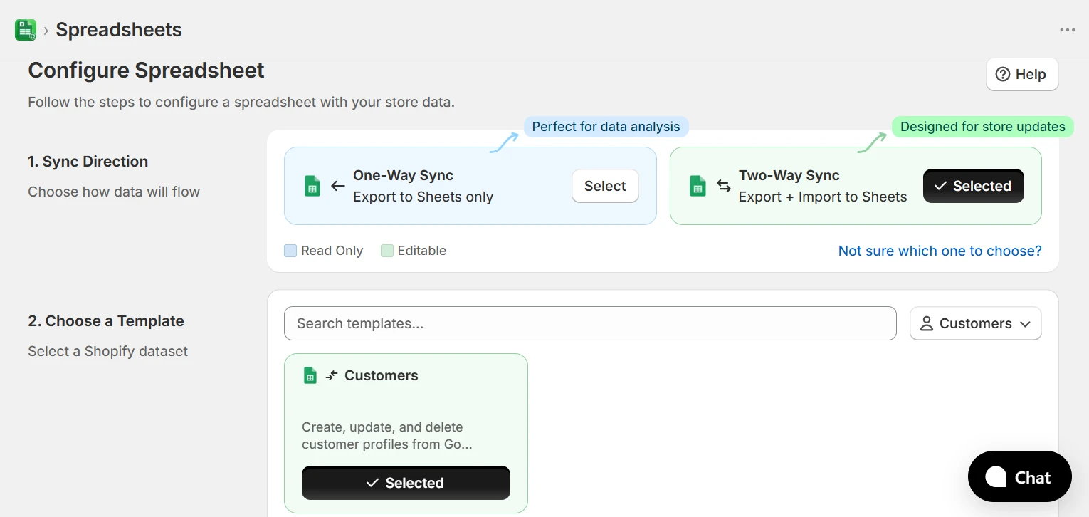 Configure Spreadsheet screen with Two-Way Sync selected and the Customers template chosen