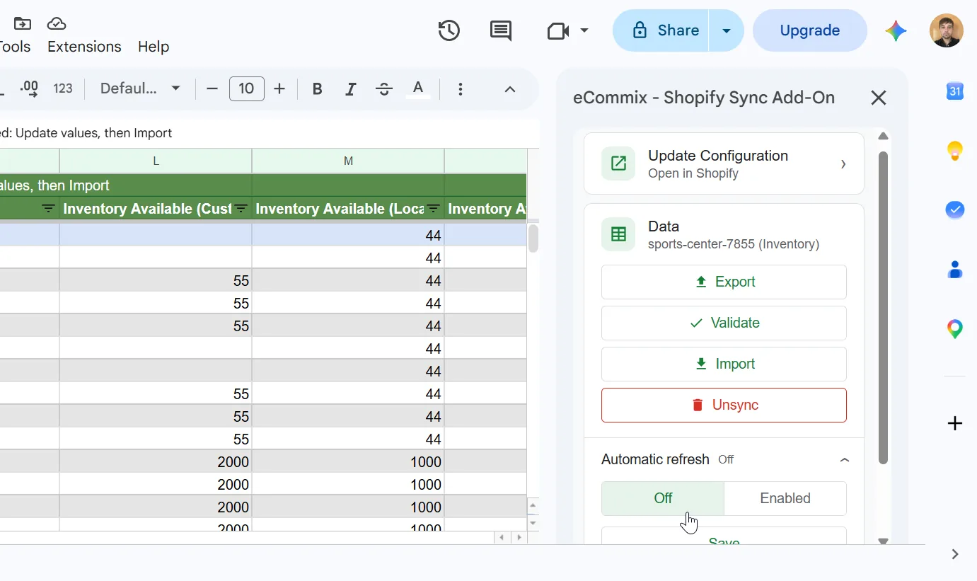 eCommix Google Sheets Add-On with Automatic refresh set to Off