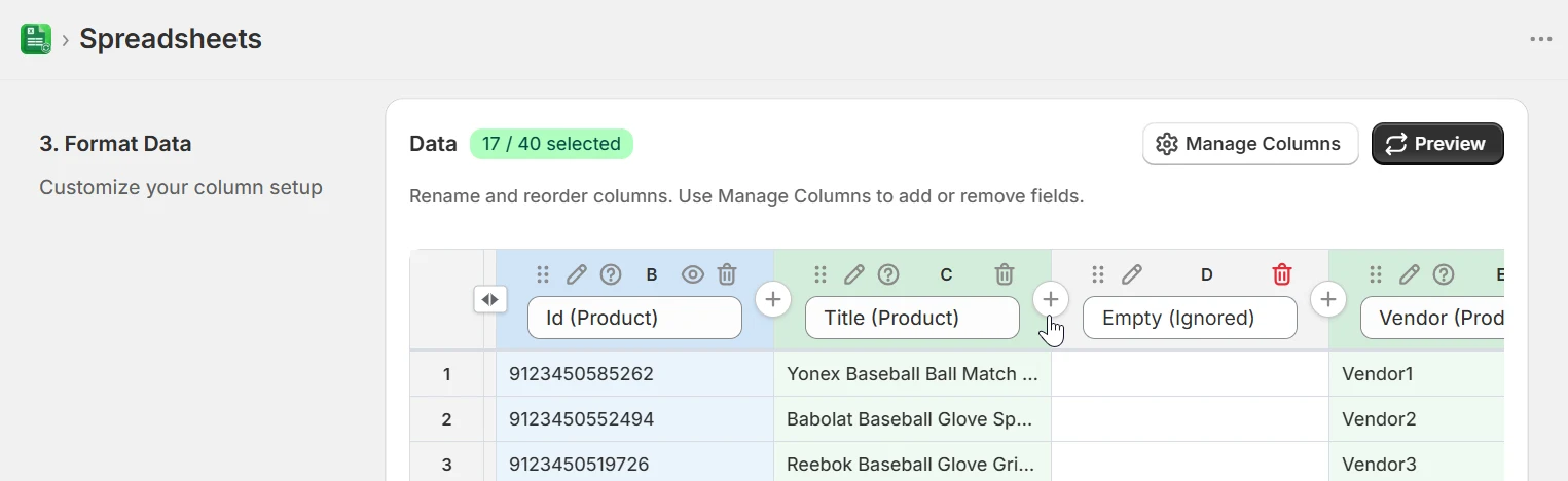 Format Data step showing an Empty Ignored column added between Shopify fields