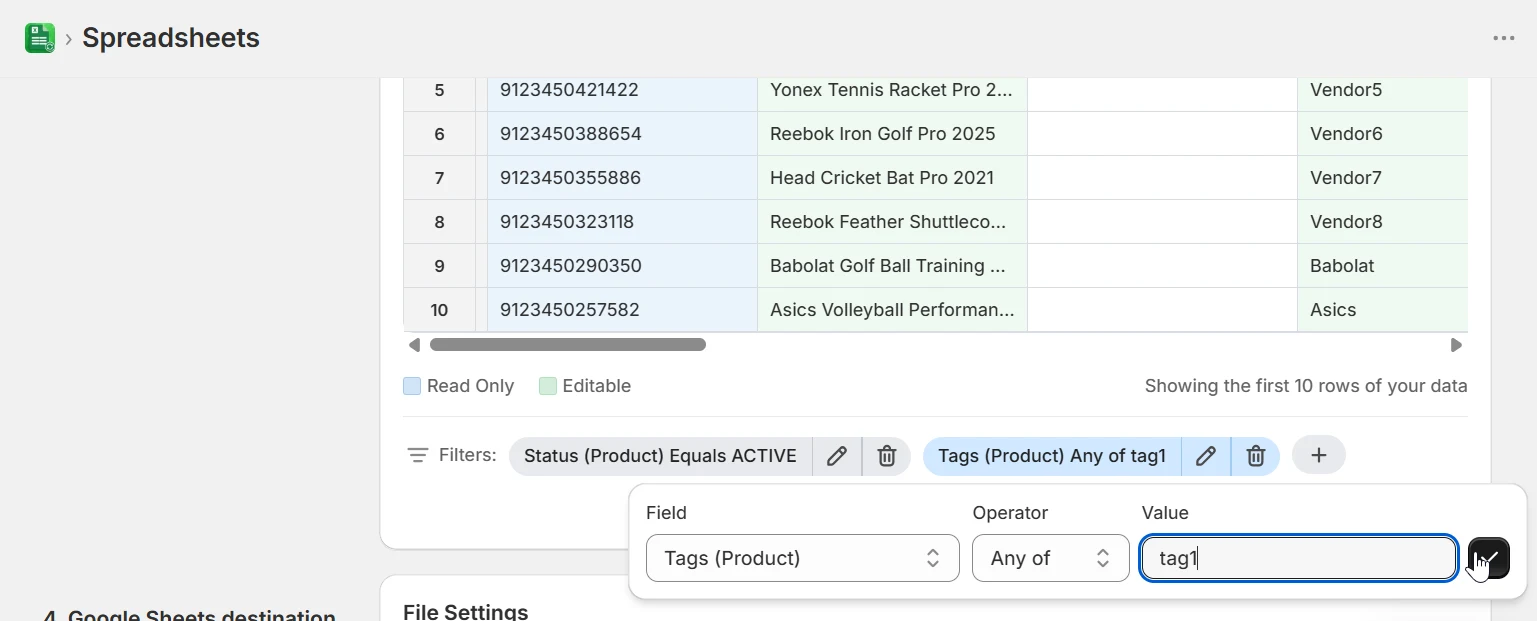 Filter panel showing Status and Tags filters applied