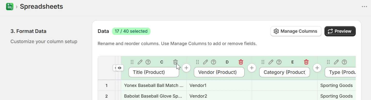 Format Data step showing required columns with disabled delete icons