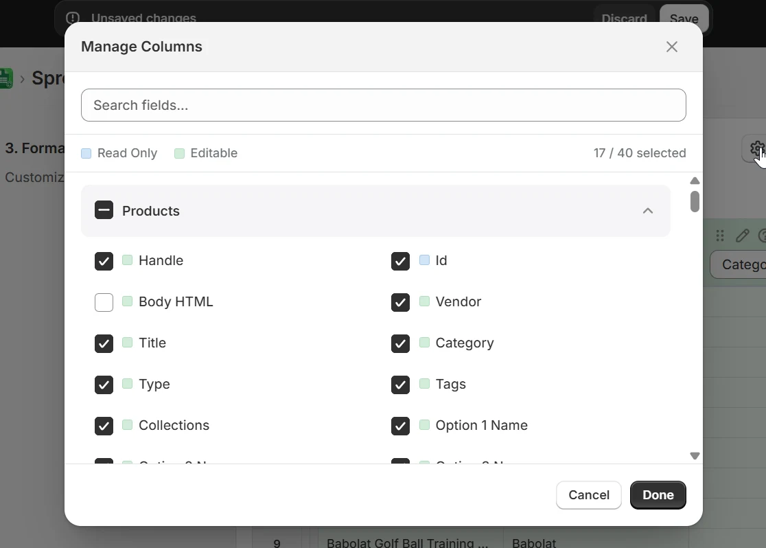 Manage Columns modal showing region catalog price columns