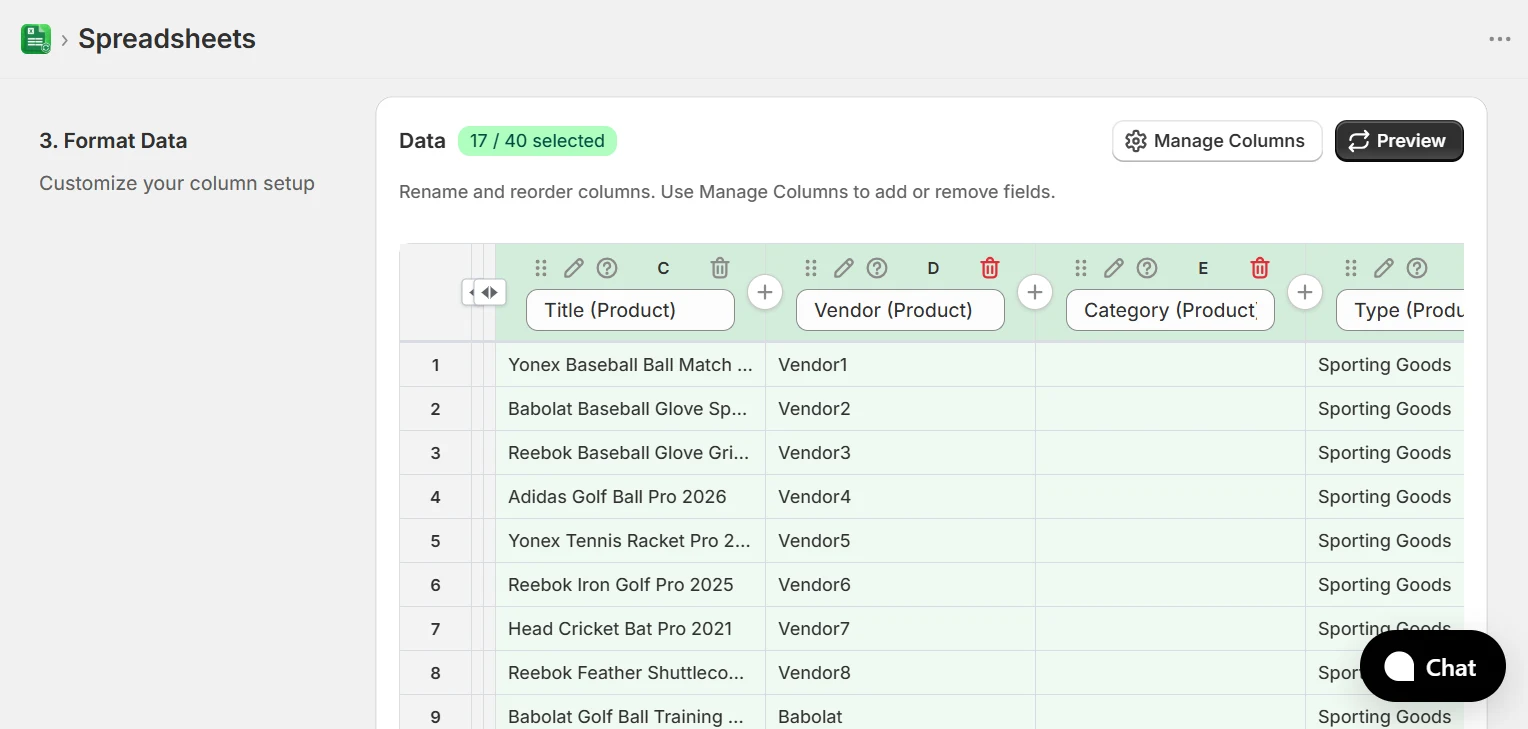 Format Data step showing column preview with live product data