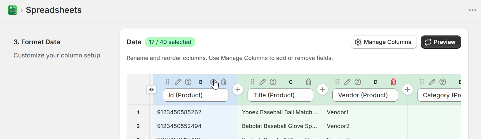 Format Data step showing a read-only Id Product column highlighted in blue