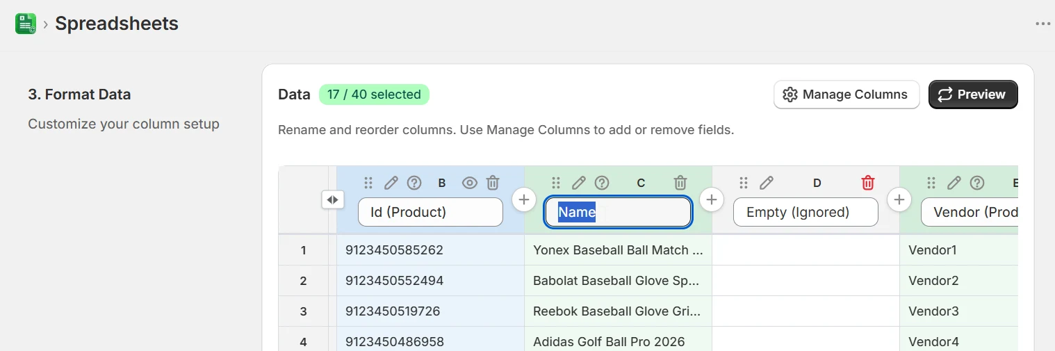 Renaming a column header inline