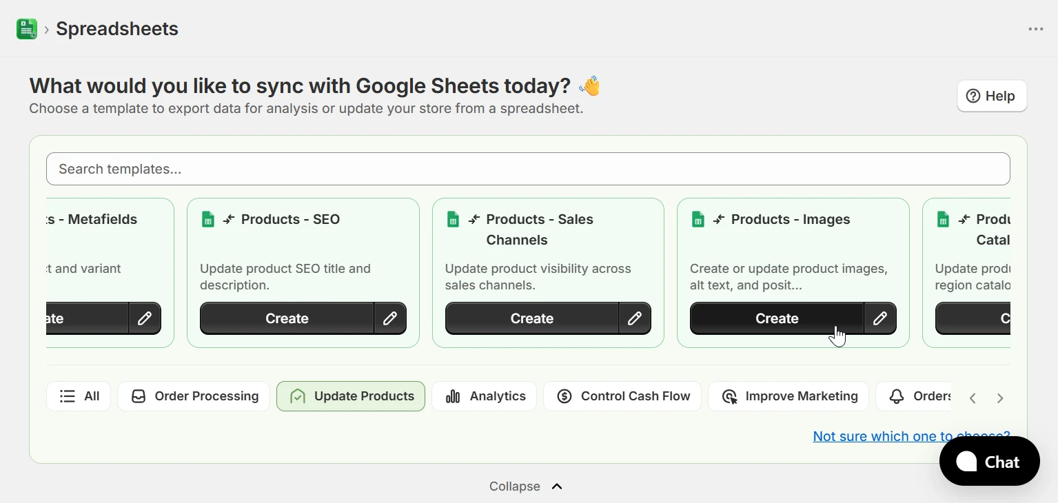 Home page showing the Product Images template with Update Products category selected