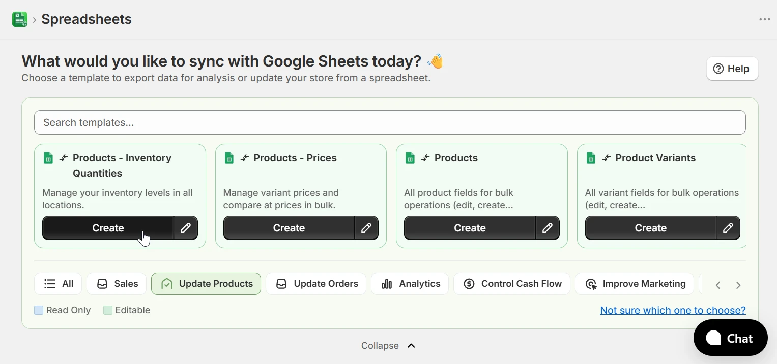 Home page showing the Update Products category selected with inventory template visible
