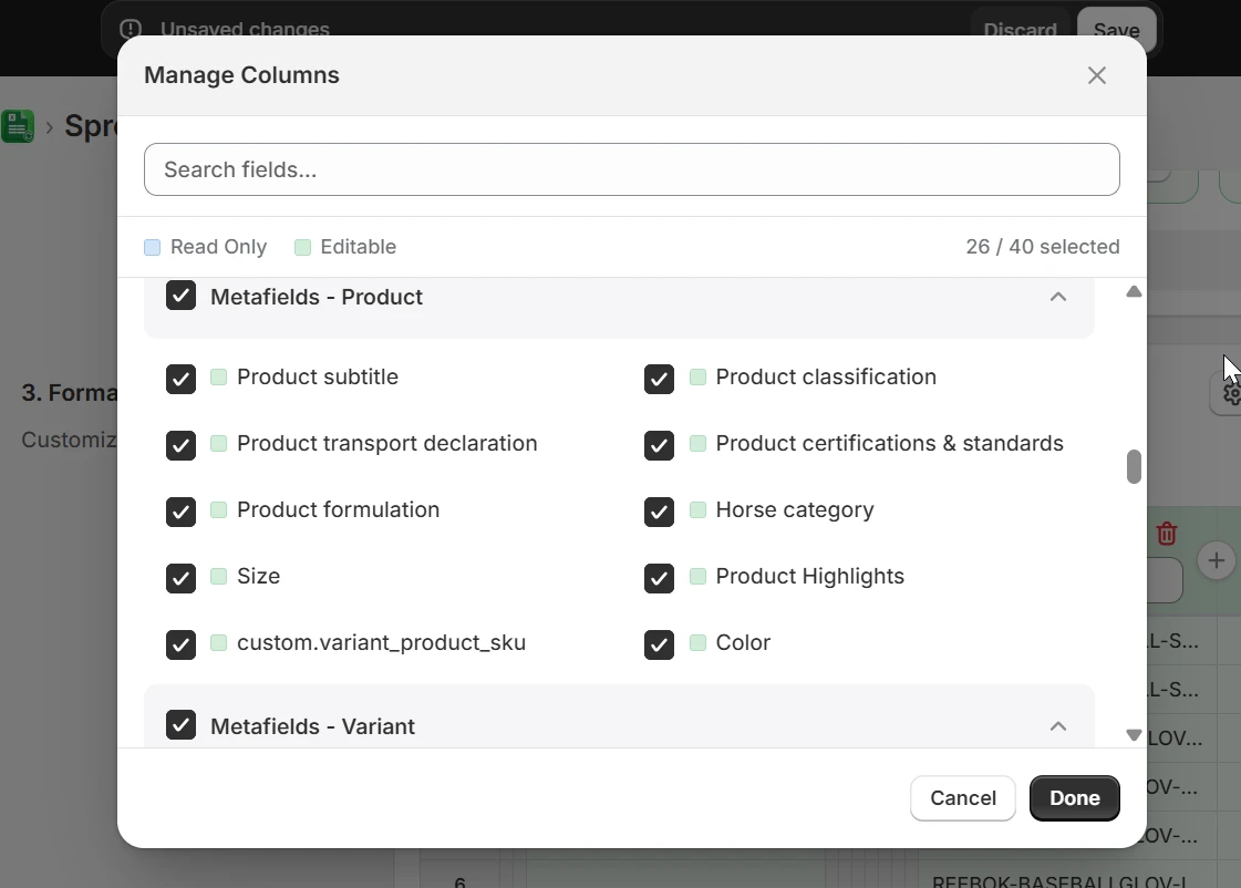 Manage Columns modal showing Metafields - Product and Metafields - Variant sections with checkboxes
