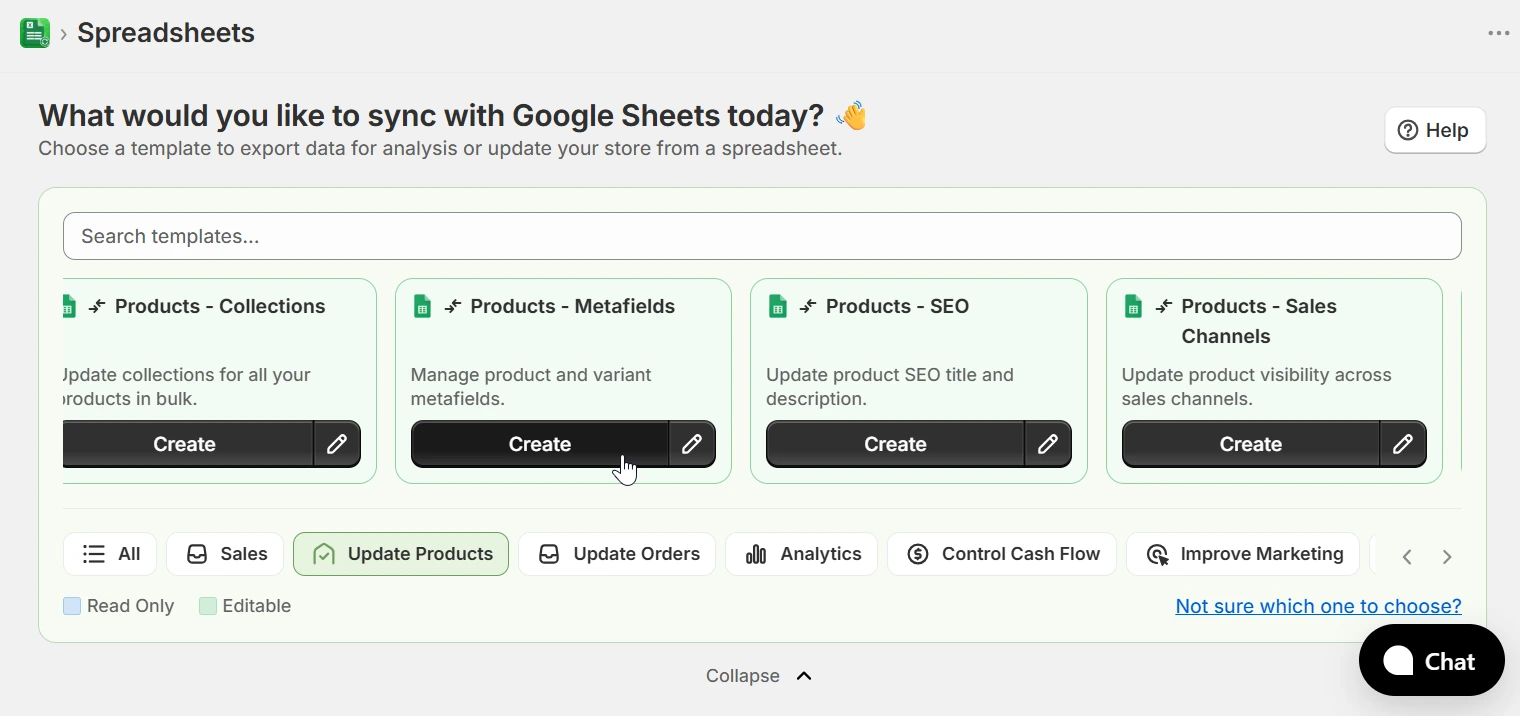 Home page showing Products - Metafields template with Update Products category selected