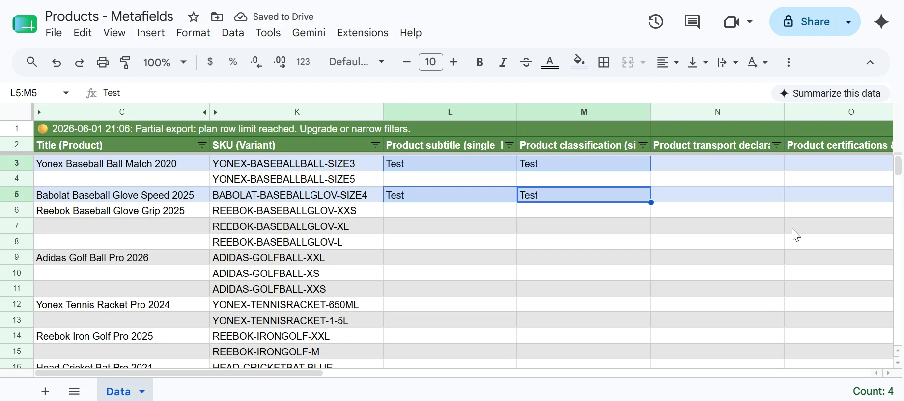 Google Sheet showing Products - Metafields spreadsheet with metafield columns edited for several product rows