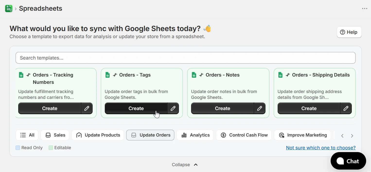 Template selection screen showing Orders - Tags template with Update Orders category selected
