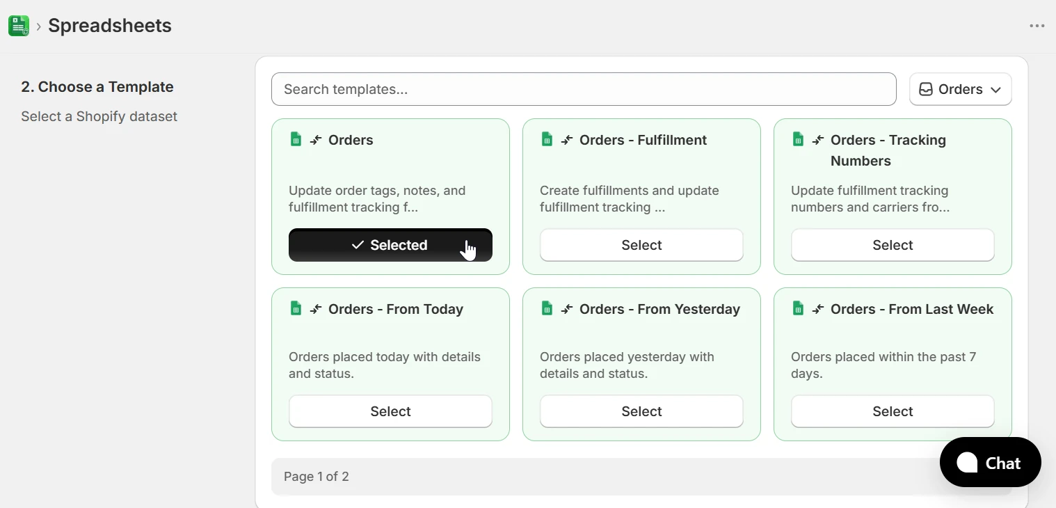Template picker showing Two-Way order templates with Orders selected