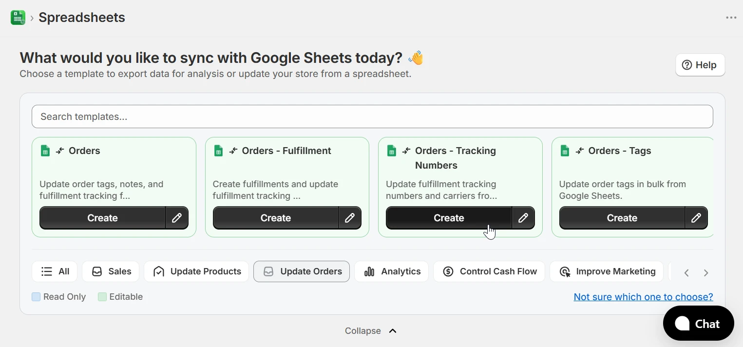 Template selection screen showing Orders - Tracking Numbers template with Update Orders category selected