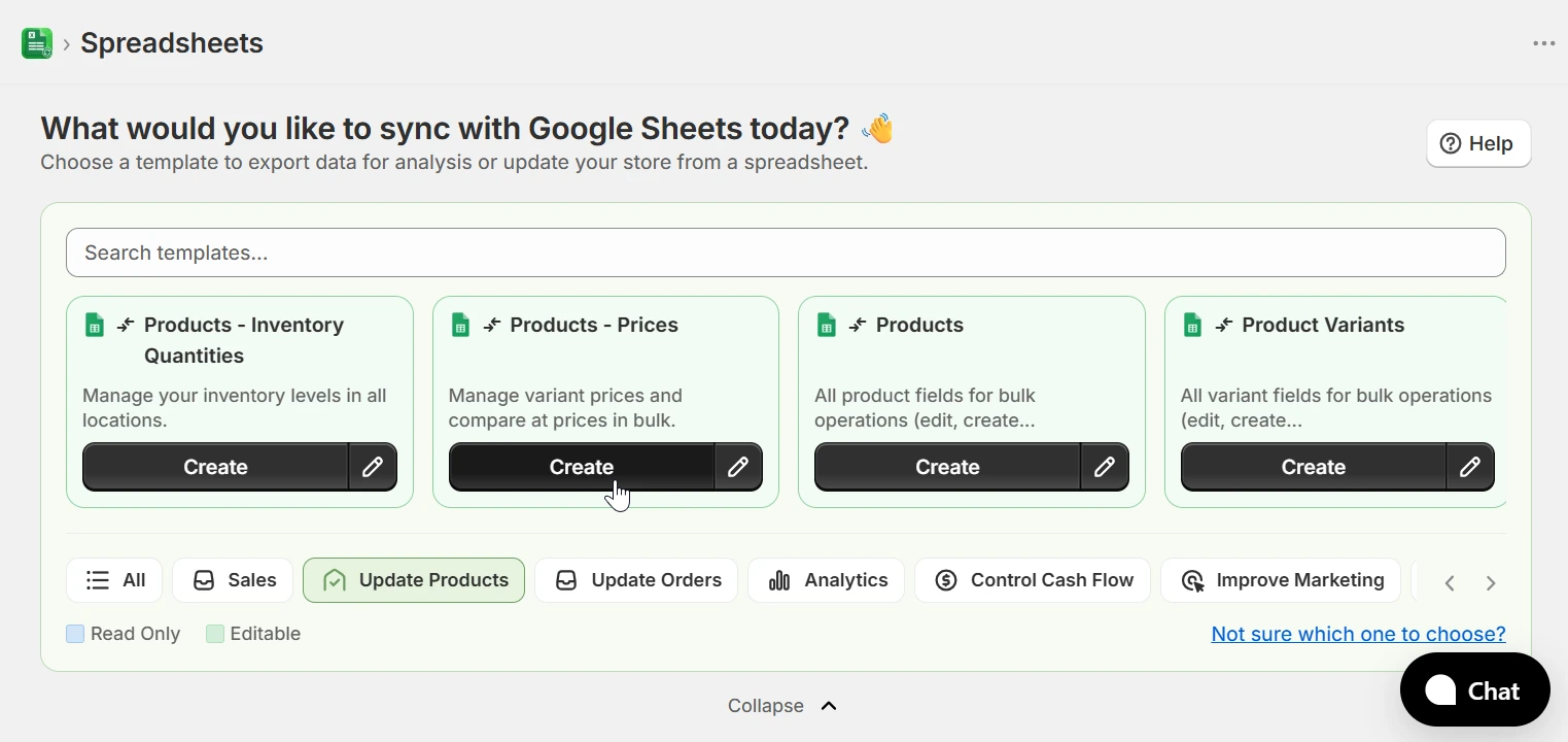 Home page showing Products - Prices template with Update Products category selected
