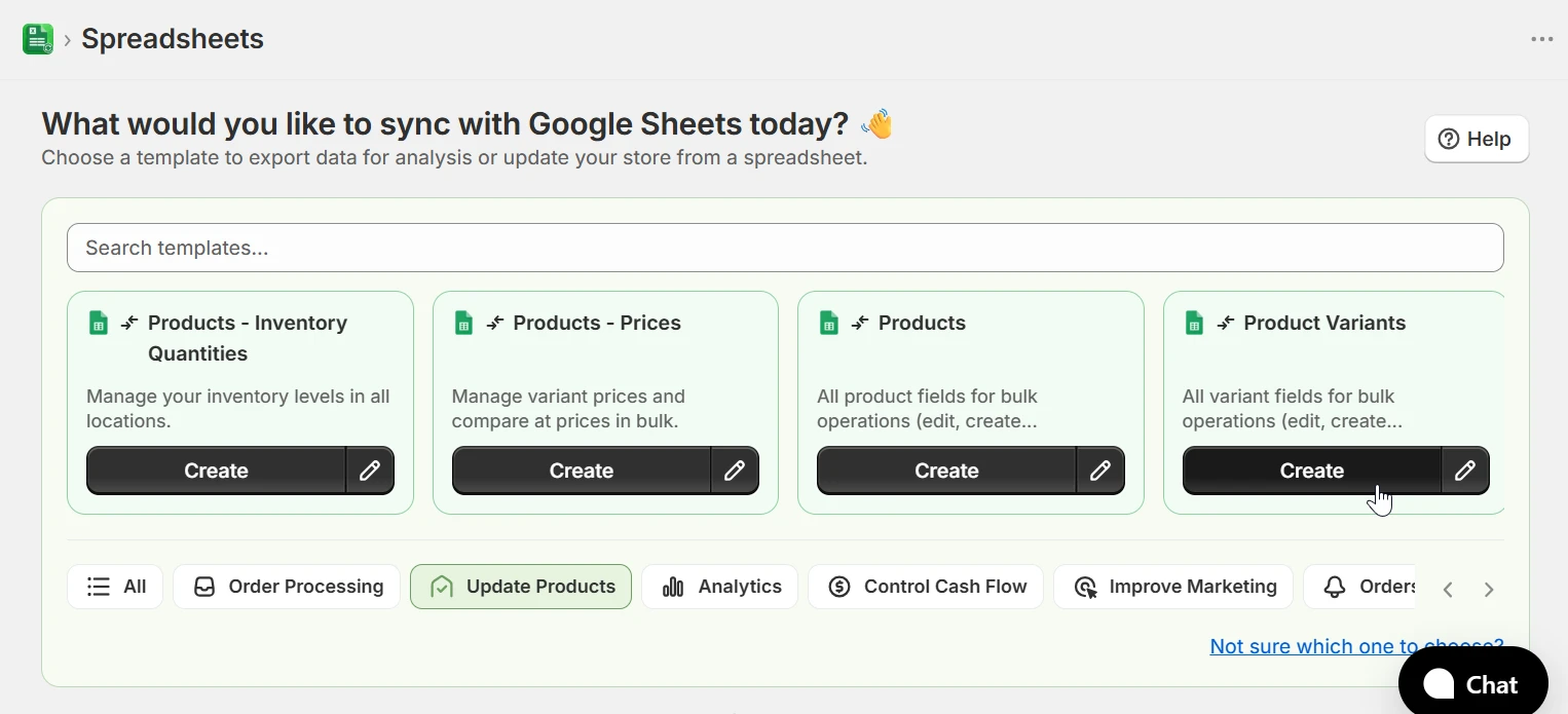 Home page showing the Product Variants template with Update Products category selected